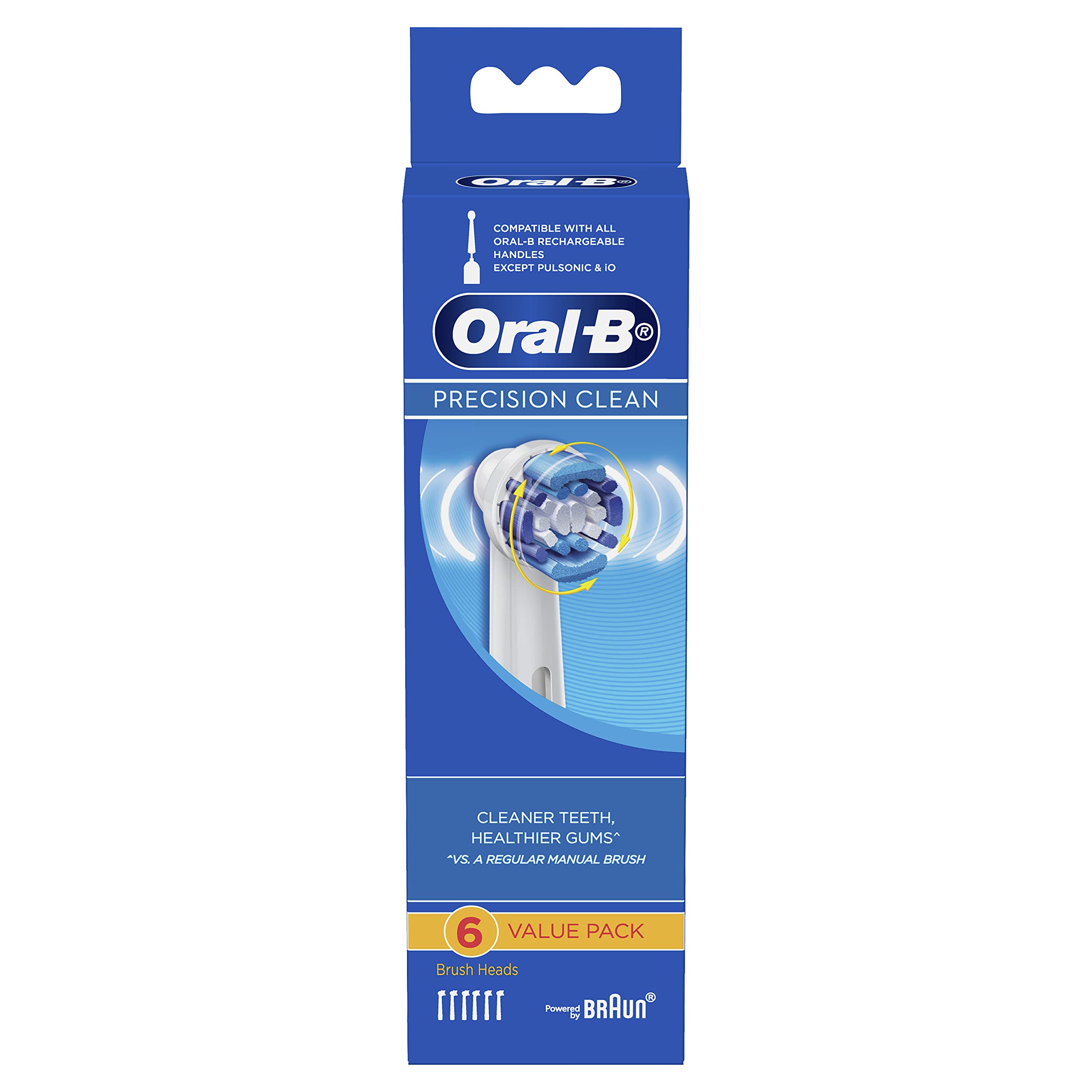 Six replacement heads for Oral-B Precision Clean laid out in a row