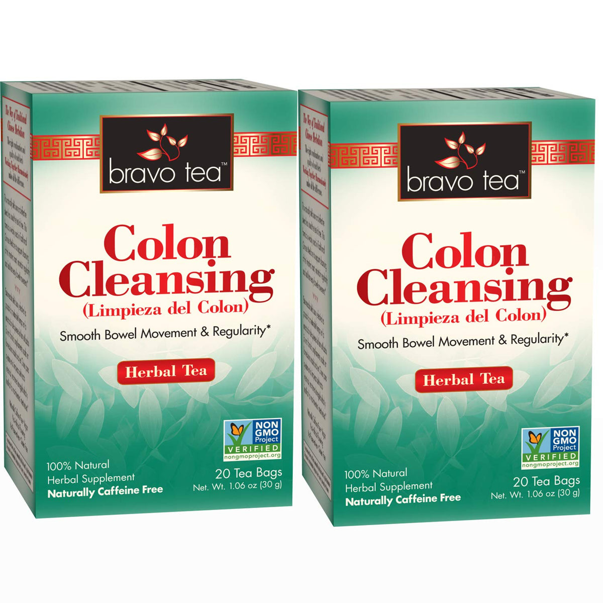 Front-facing packaging of Bravo Tea Colon Cleansing Herbal Tea