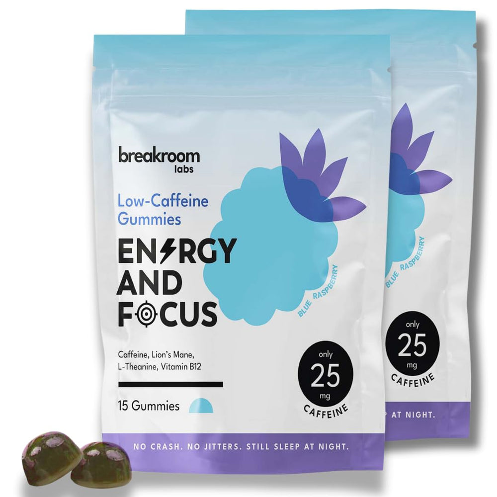 Breakroom Labs Energy and Focus Gummies blue raspberry flavor bottle label