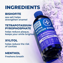 Mouth rinse in use with water flosser for fresh breath