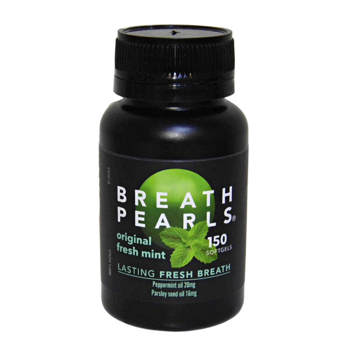 Breath Pearls Original Freshens Breath – 150 softgels bottle label close-up
