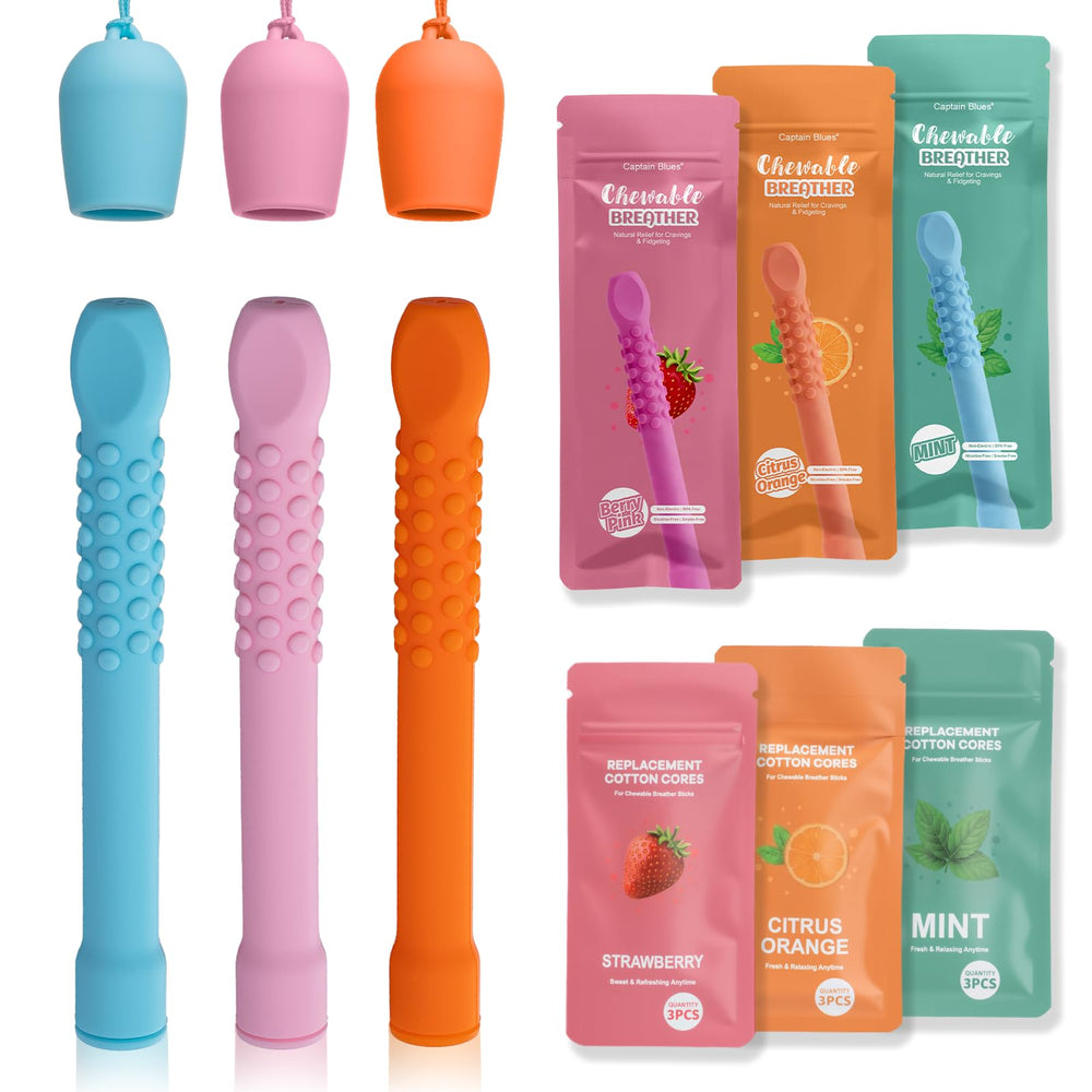 Three pack Chewable Breather Sticks in multicolor silicone
