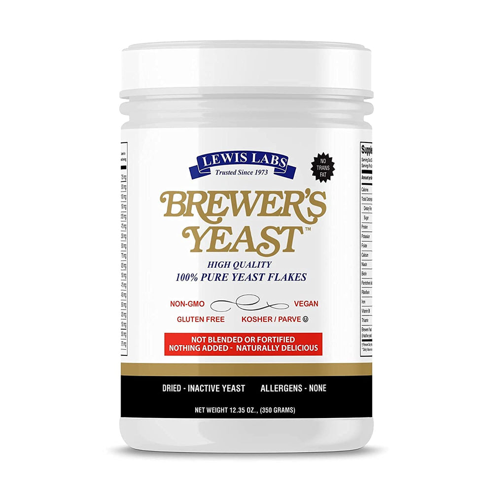 Lewis Labs Brewers Yeast Flakes container label showing gluten free and kosher