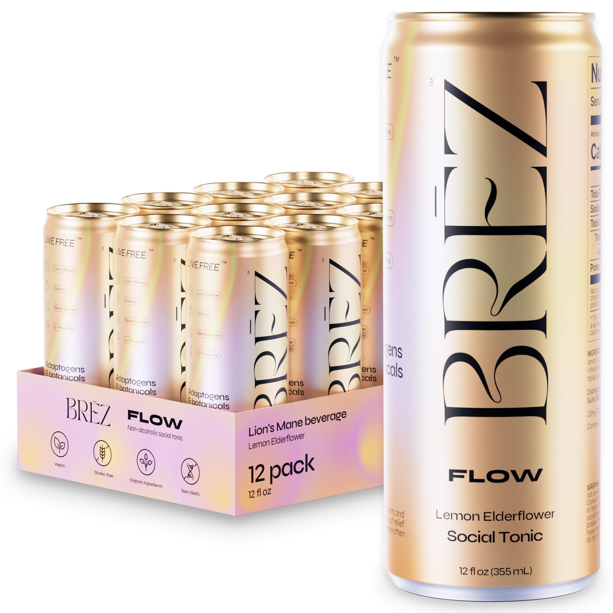 Front view of BRĒZ Flow Lion’s Mane 12-pack can