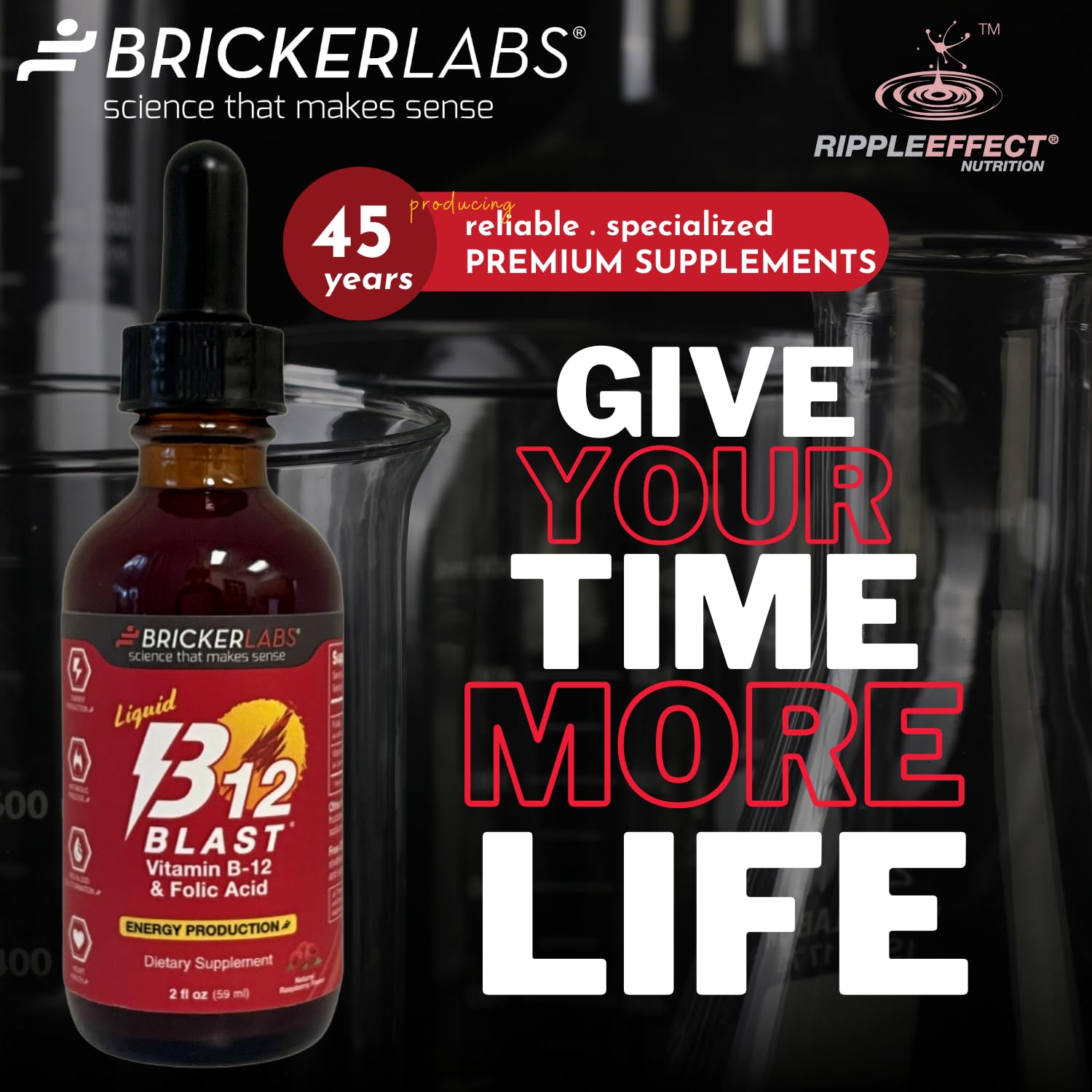 Front view of Bricker Labs B-12 Blast bottle highlighting natural raspberry flavor
