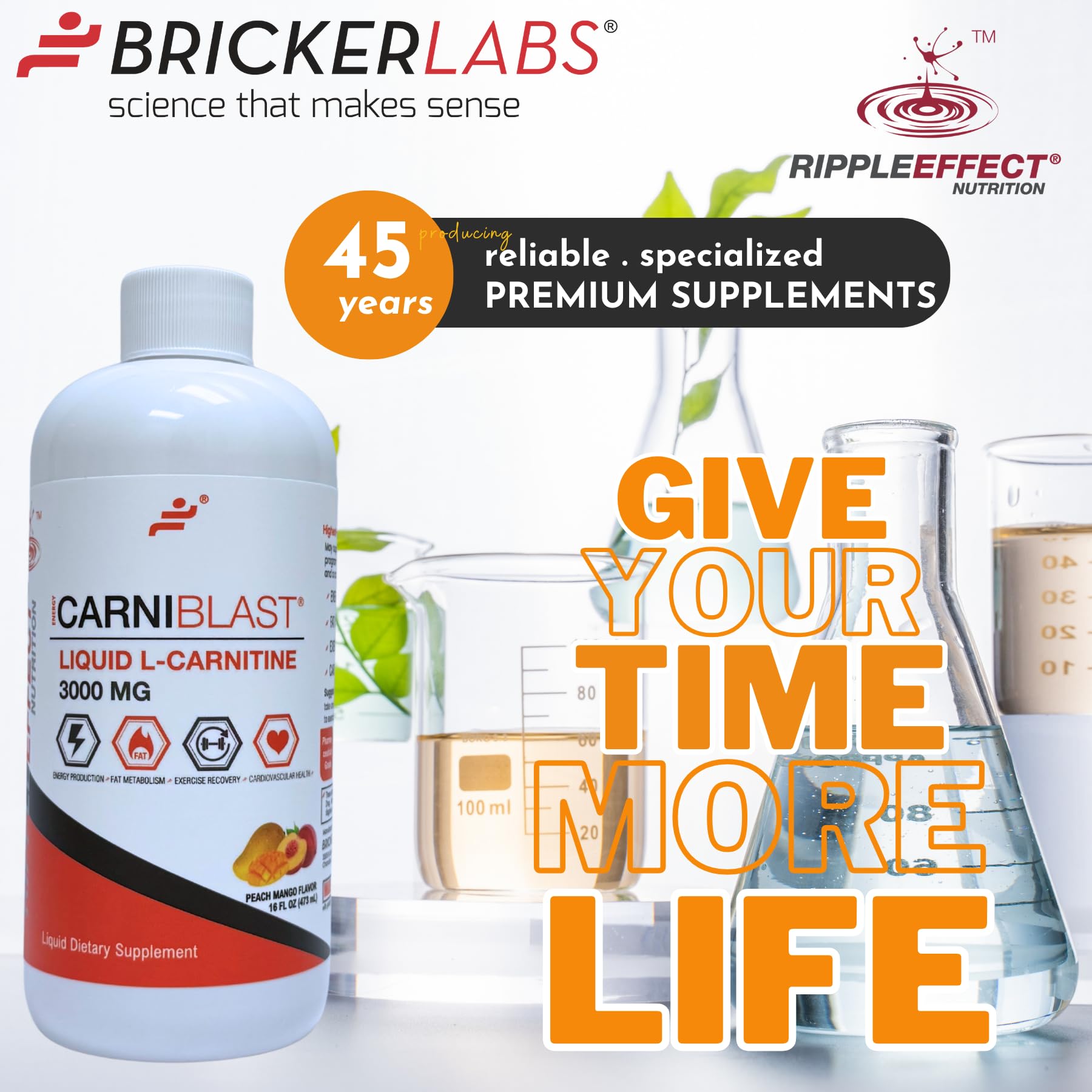 Peach mango flavor close-up on Carniblast bottle.