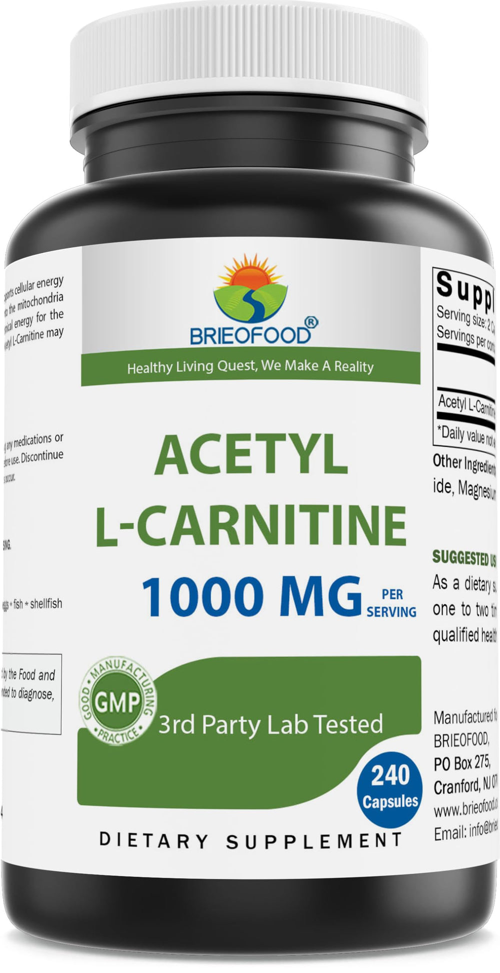 Brieofood Acetyl L-Carnitine 1000 mg bottle front label
