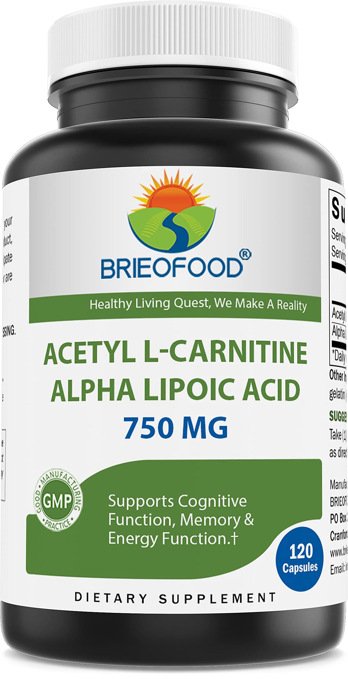 Brieofood Acetyl L-Carnitine Alpha Lipoic Acid 750 mg - 120 capsules bottle