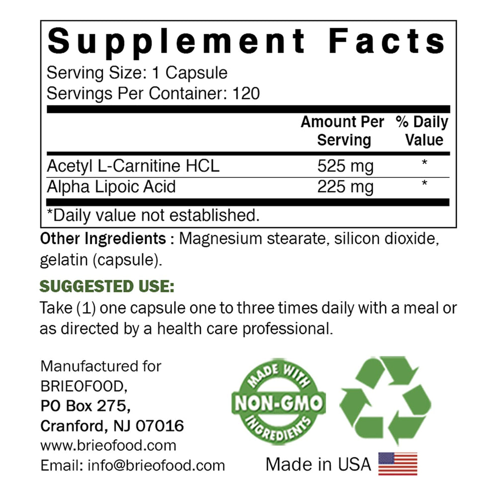 Close-up of Brieofood ALA ALC 750 mg capsules