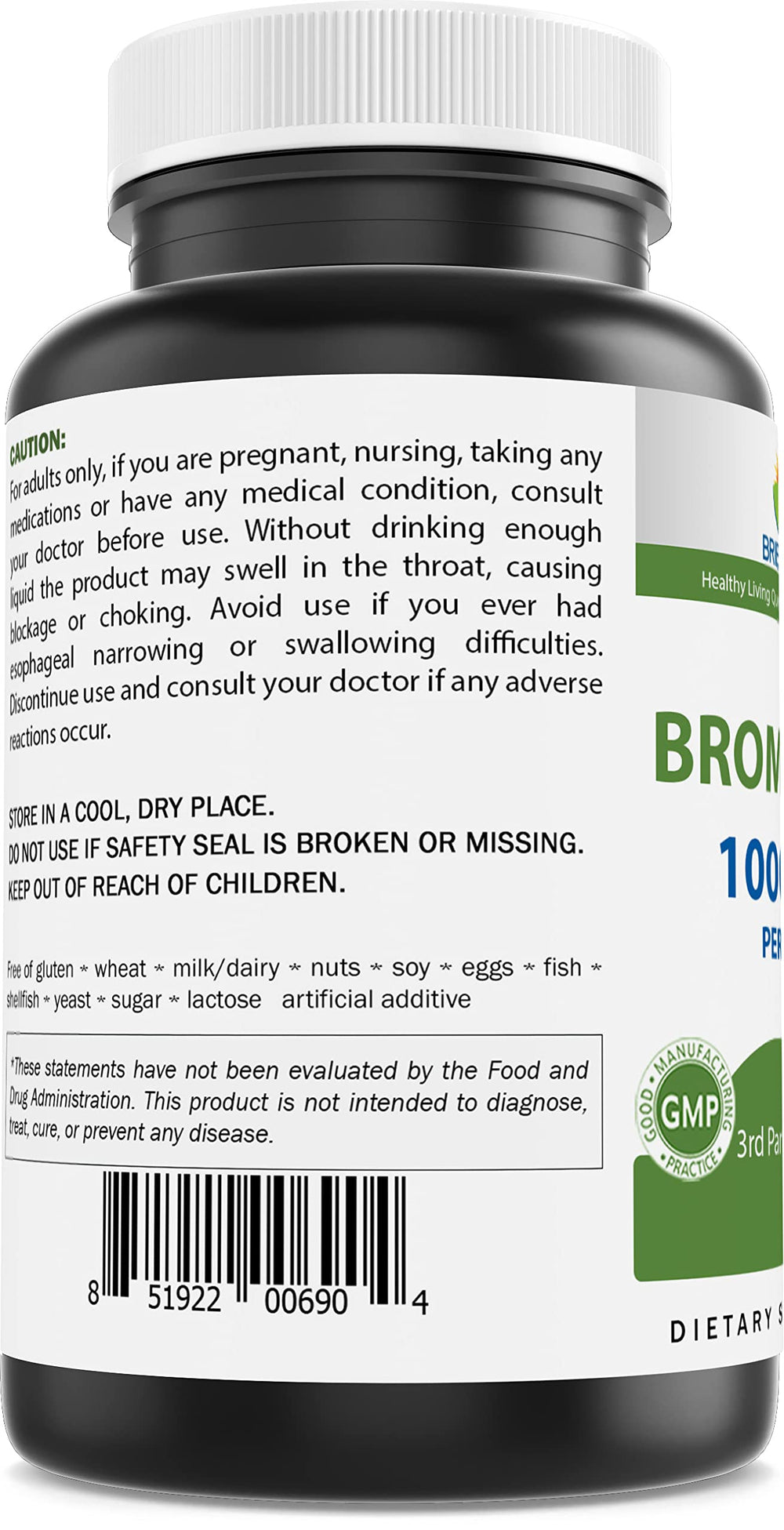 Nutrition facts panel for Brieofood Bromelain 1000mg
