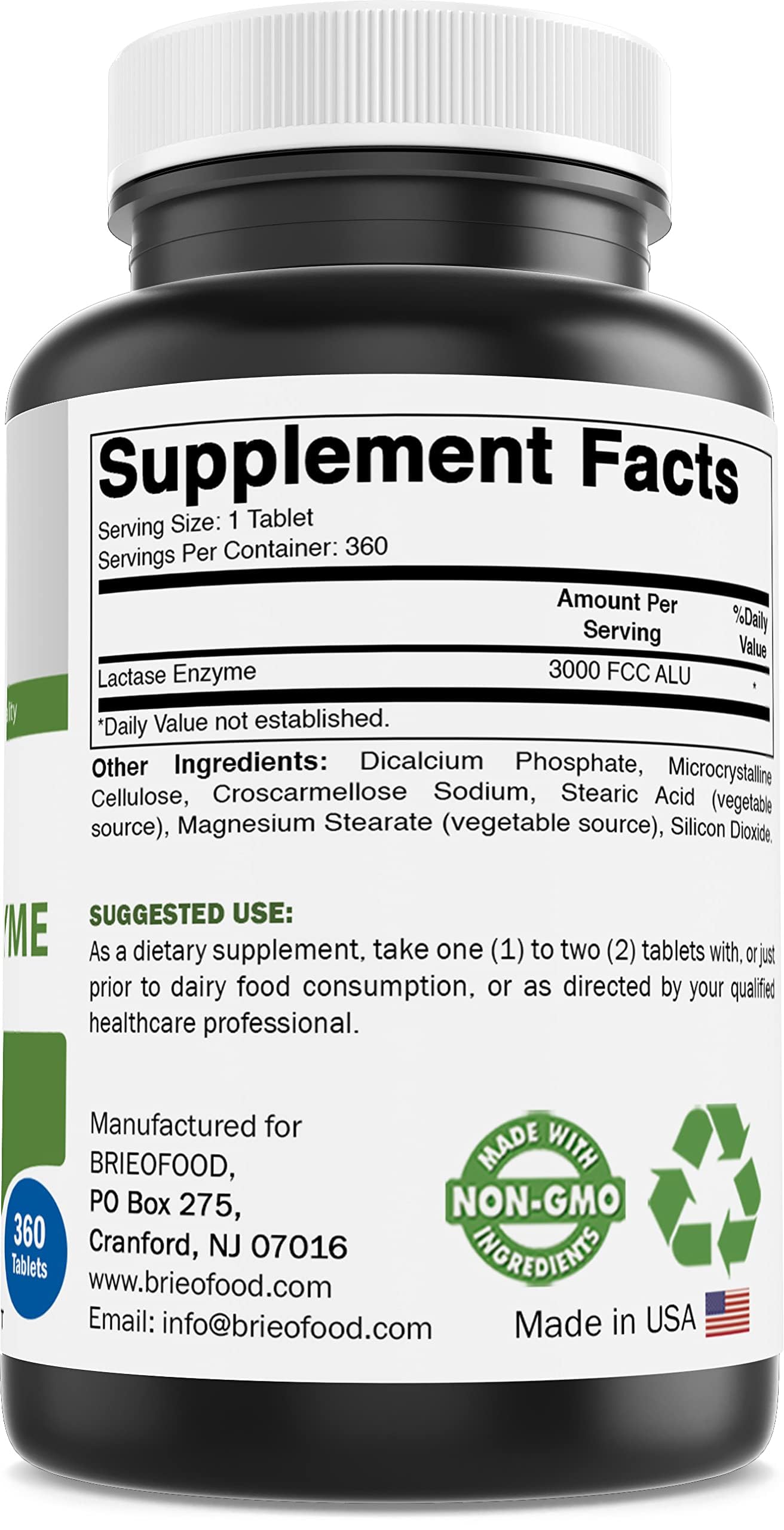 Brieofood Lactase Pills label showing 3000 FCC ALU per serving