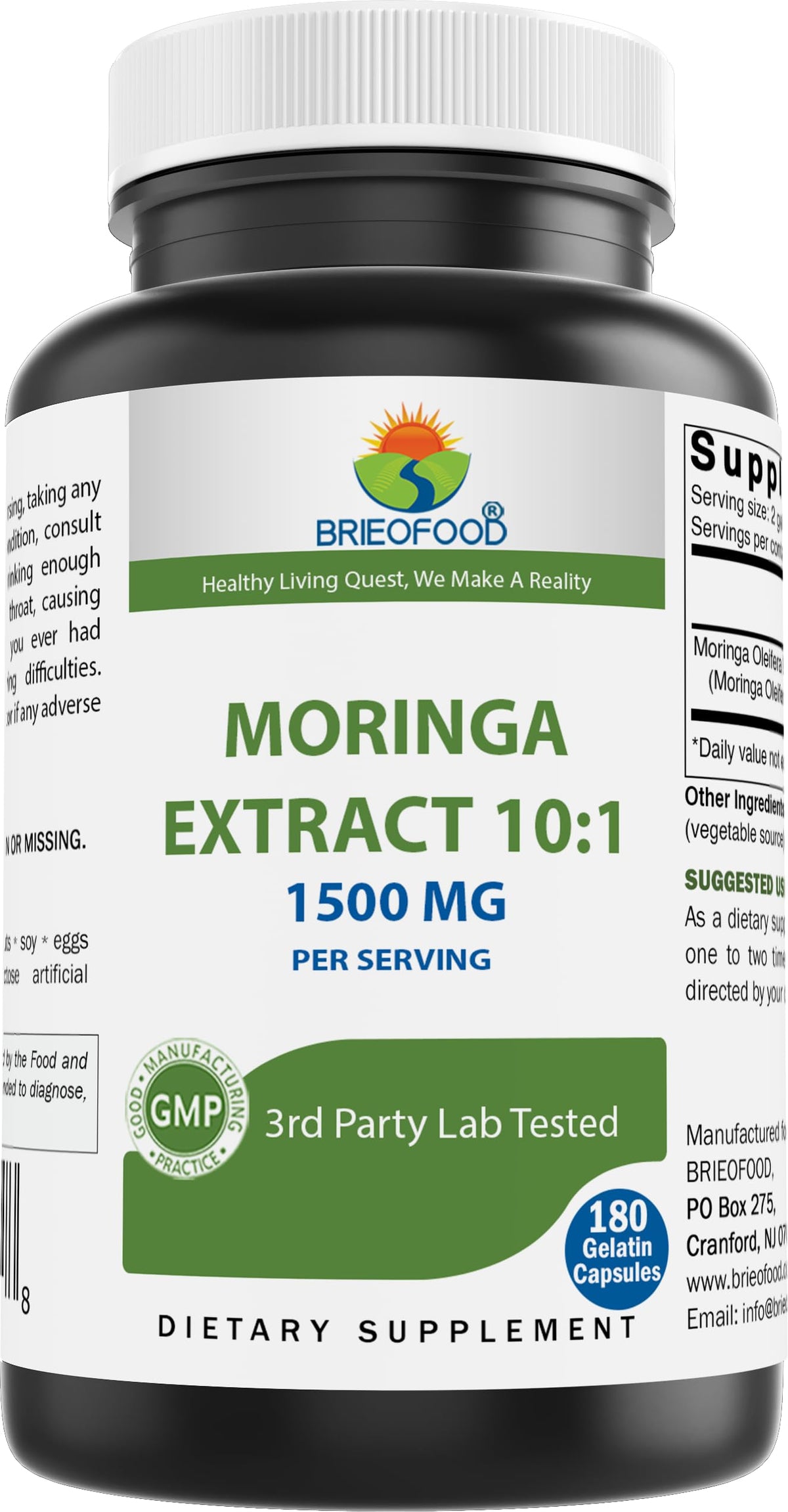 Brieofood Moringa Oleifera extract bottle with 180 capsules