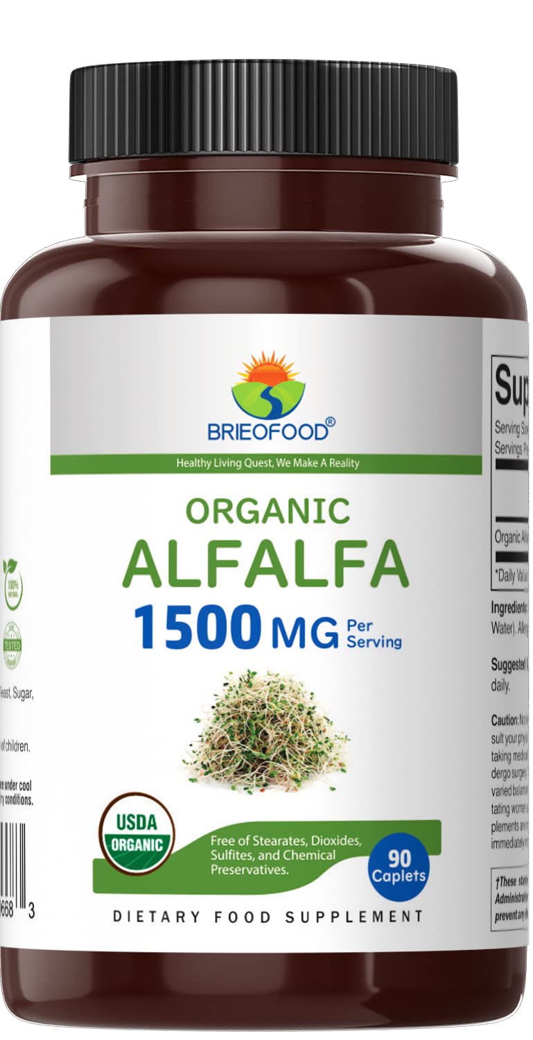 Close-up of Brieofood Organic Alfalfa 1500mg bottle label