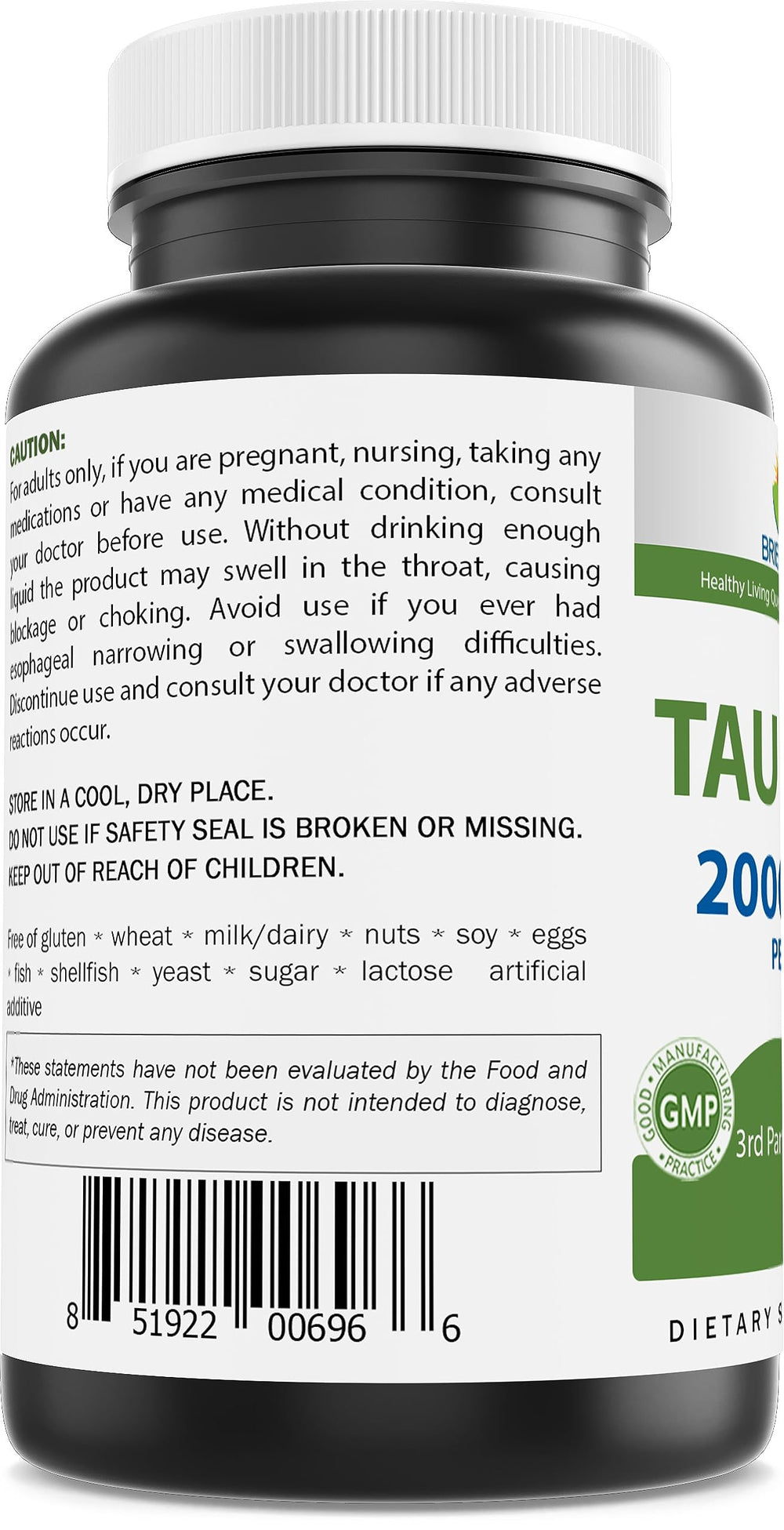 Supplement facts for Brieofood Taurine 2000 mg per serving