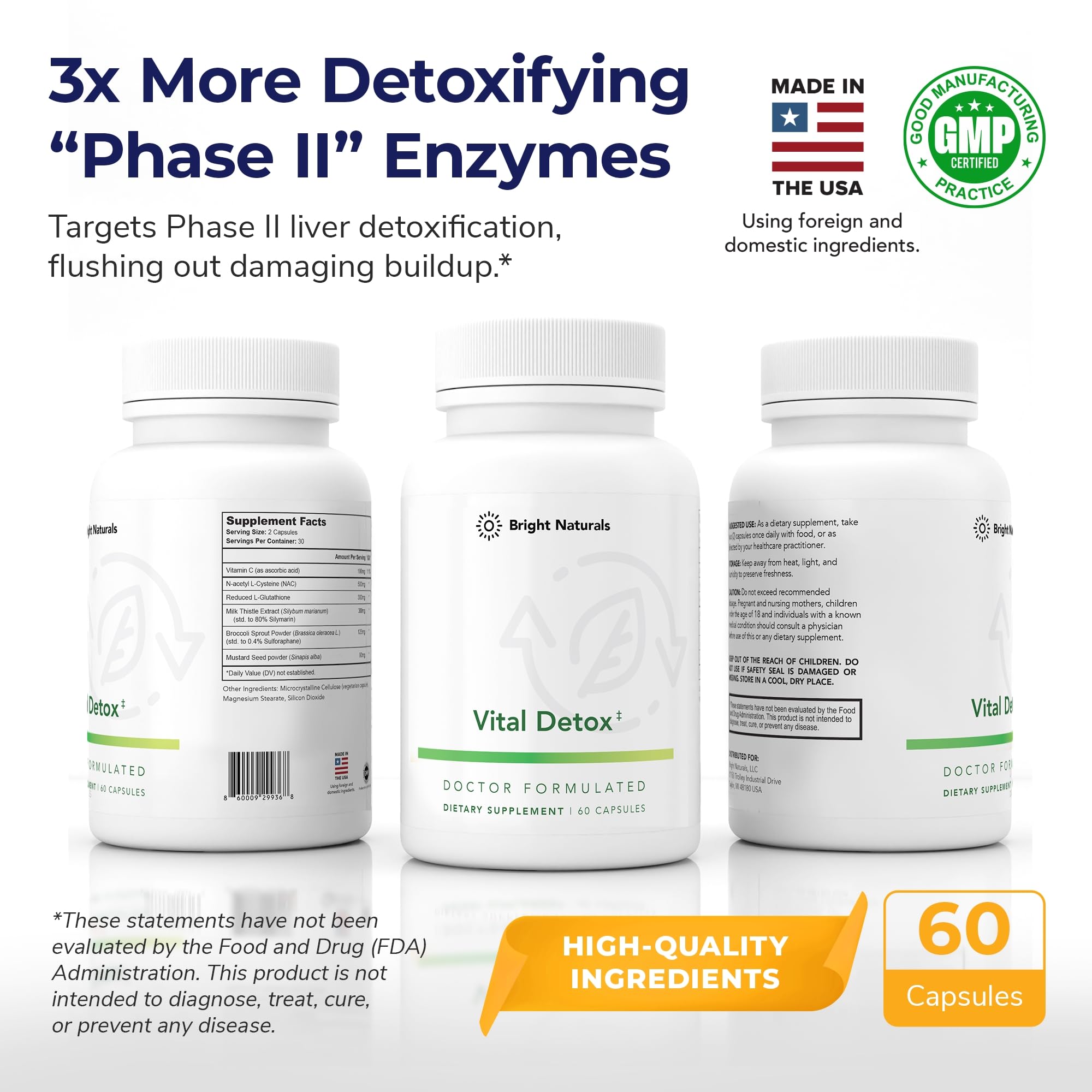 Bright Naturals Vital Detox ingredients closeup with NAC and milk thistle for detox support.