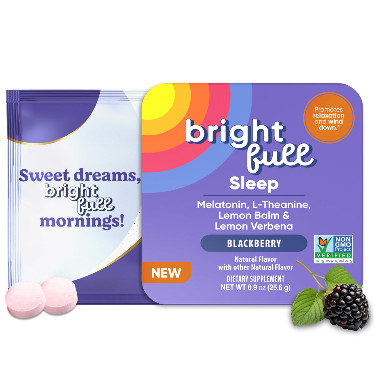 BRIGHTFULL sleep aid chewables in blackberry flavor with 32 tablets label
