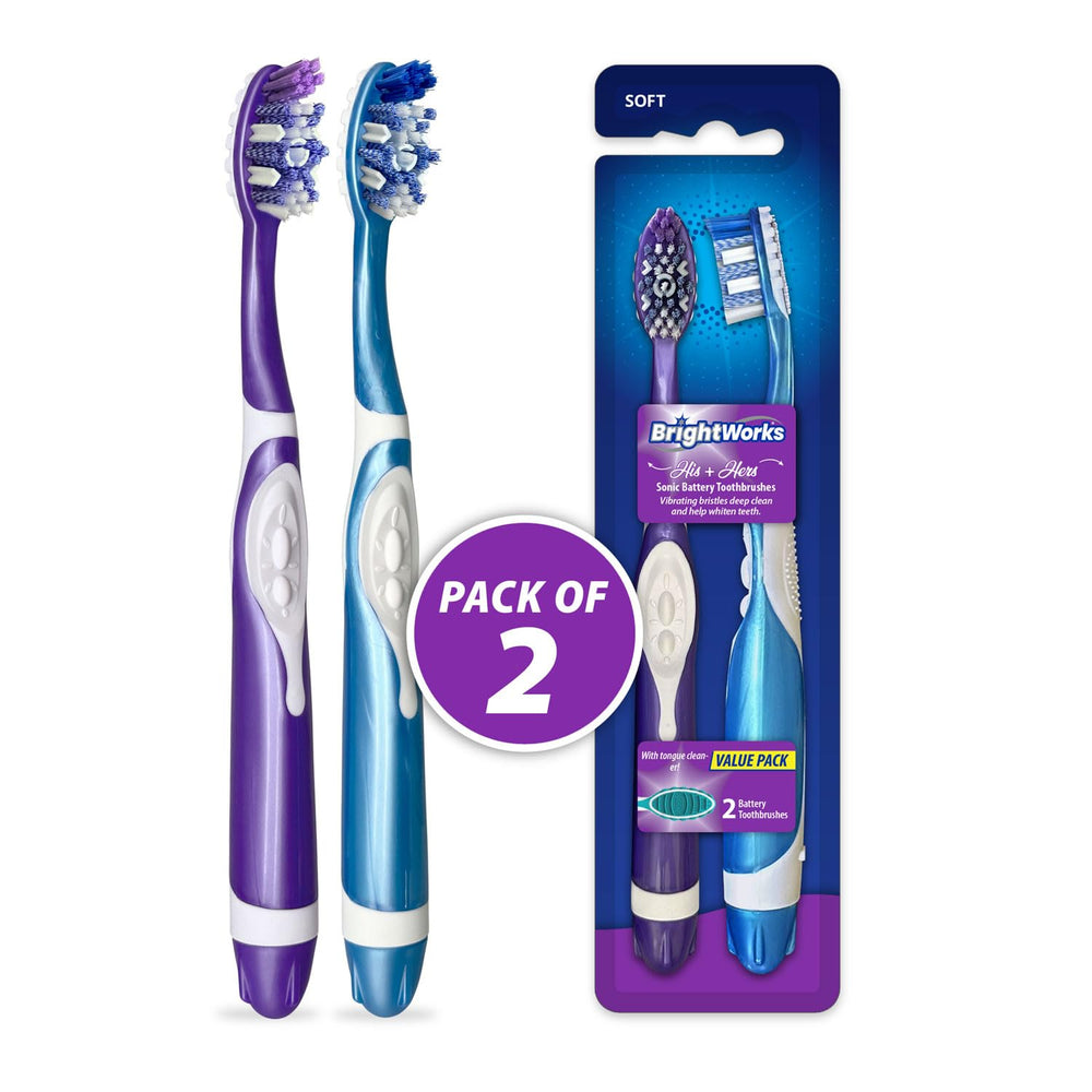 Blue and purple BrightWorks toothbrushes side view showing compact design.
