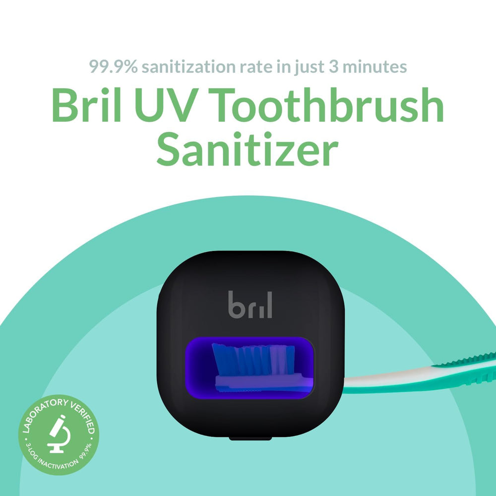 Closed Bril black case with toothbrush stored inside