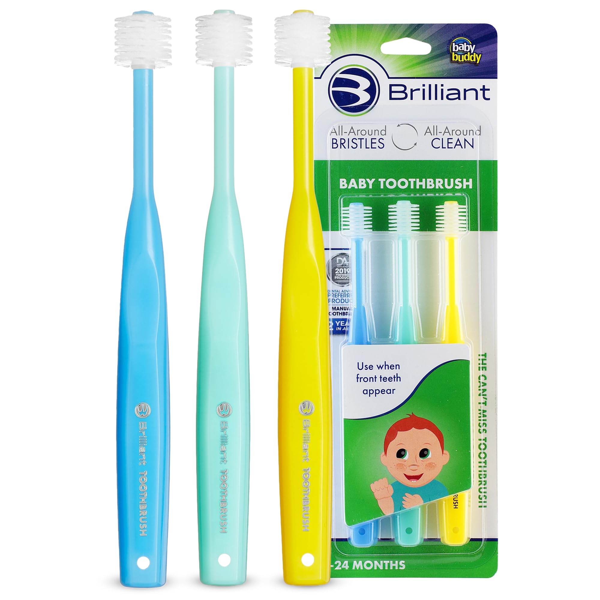 Front view of Brilliant Oral Care Baby Toothbrush 3-pack in blue, mint, and yellow.