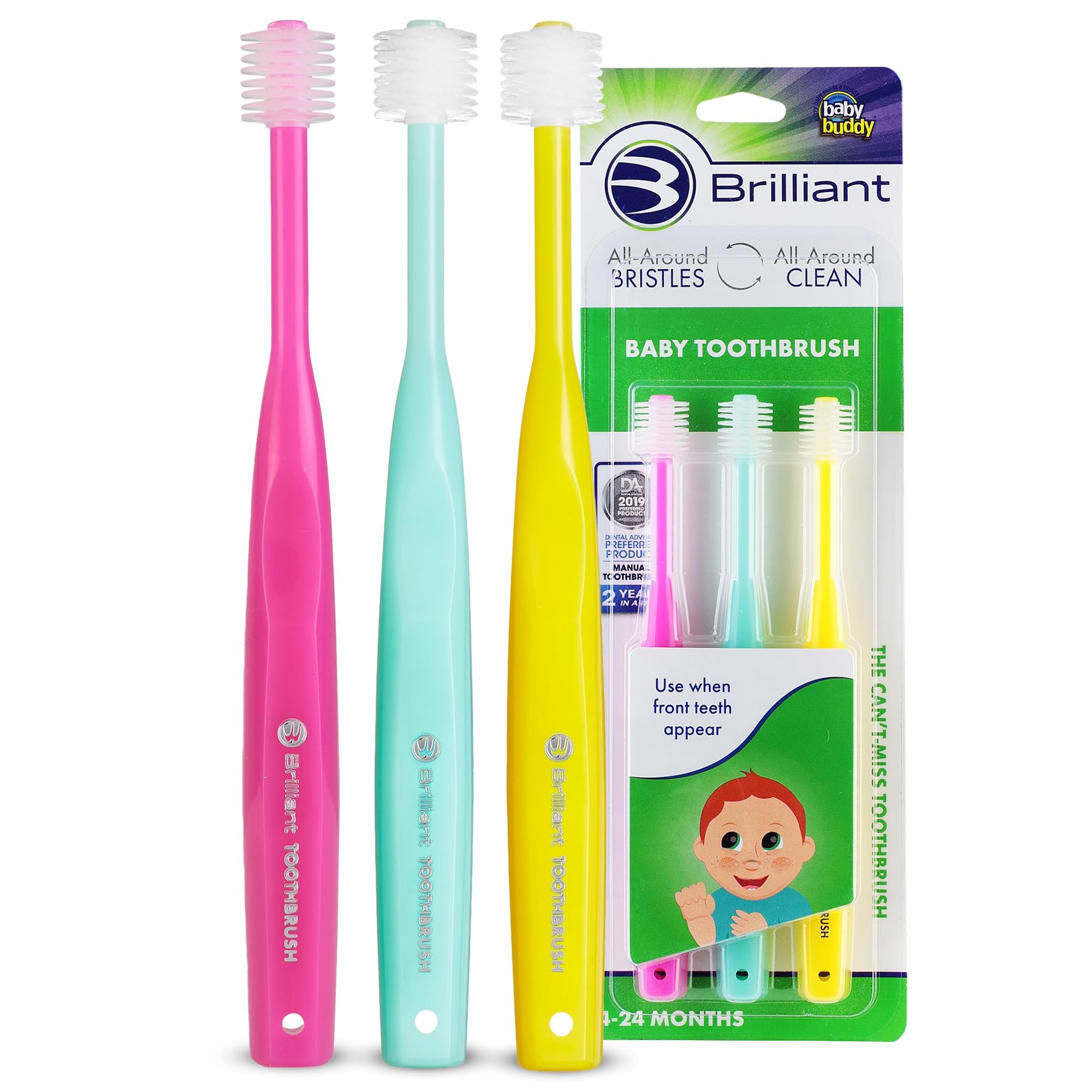 Three-pack Brilliant Oral Care baby toothbrushes in pink, mint, and yellow