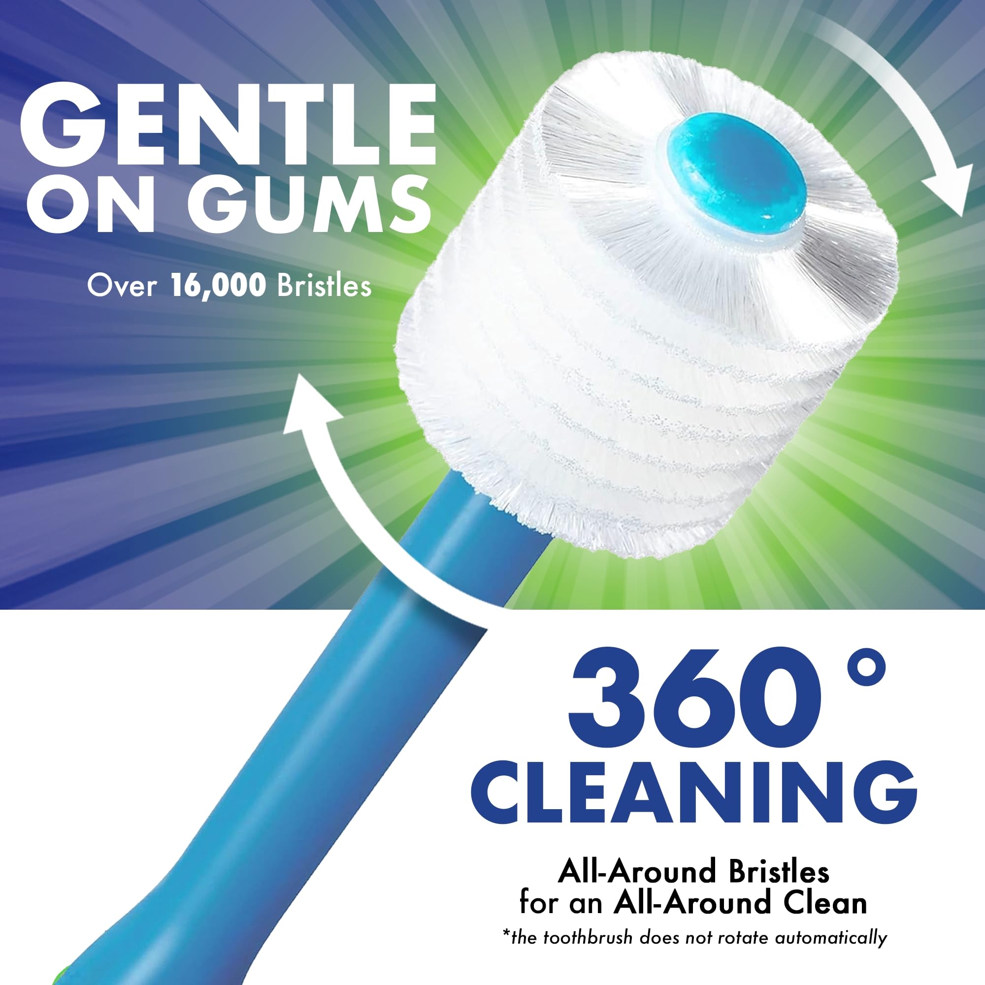 Close-up of round head and soft bristles on Royal Blue kids toothbrush