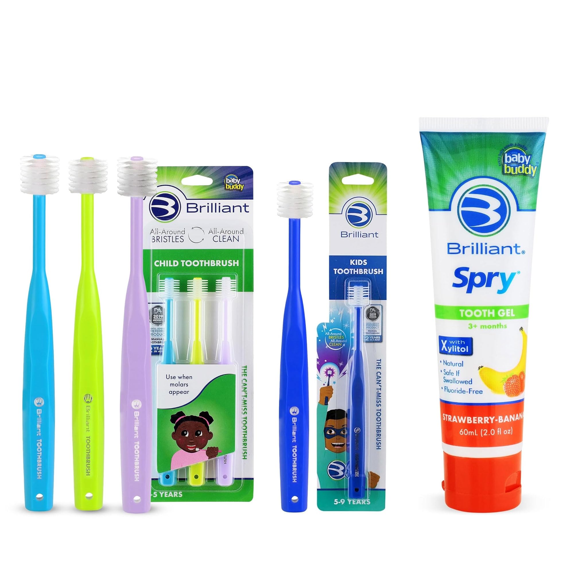Front view of Brilliant Oral Care Bundle: 3-pack child toothbrushes in Blue Lime Lilac