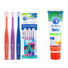 Brilliant Oral Care Bundle: 3-pack kids toothbrushes in red, purple, and royal colors