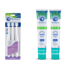 Three white adult sensitive toothbrushes from the Brilliant Oral Care Bundle.