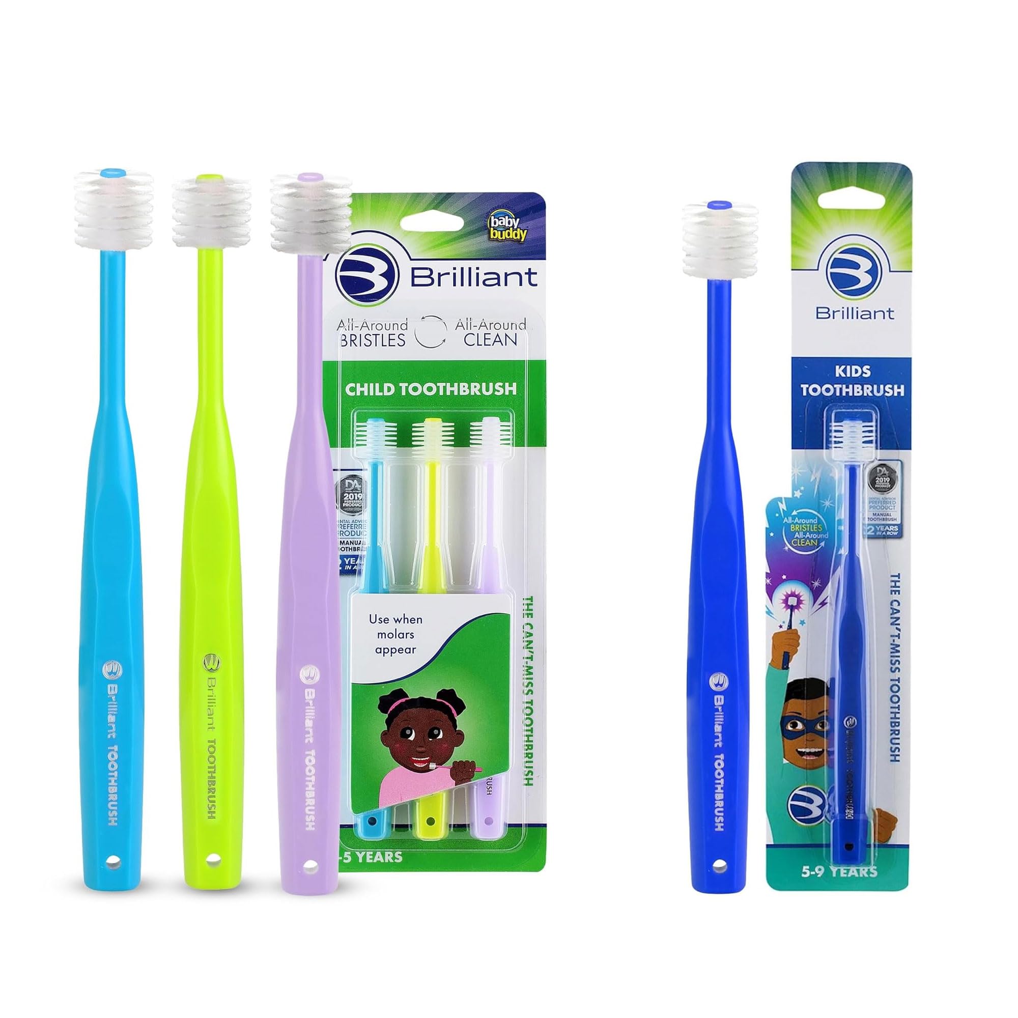 Front view of Brilliant Oral Care Bundle with blue lime lilac child toothbrush