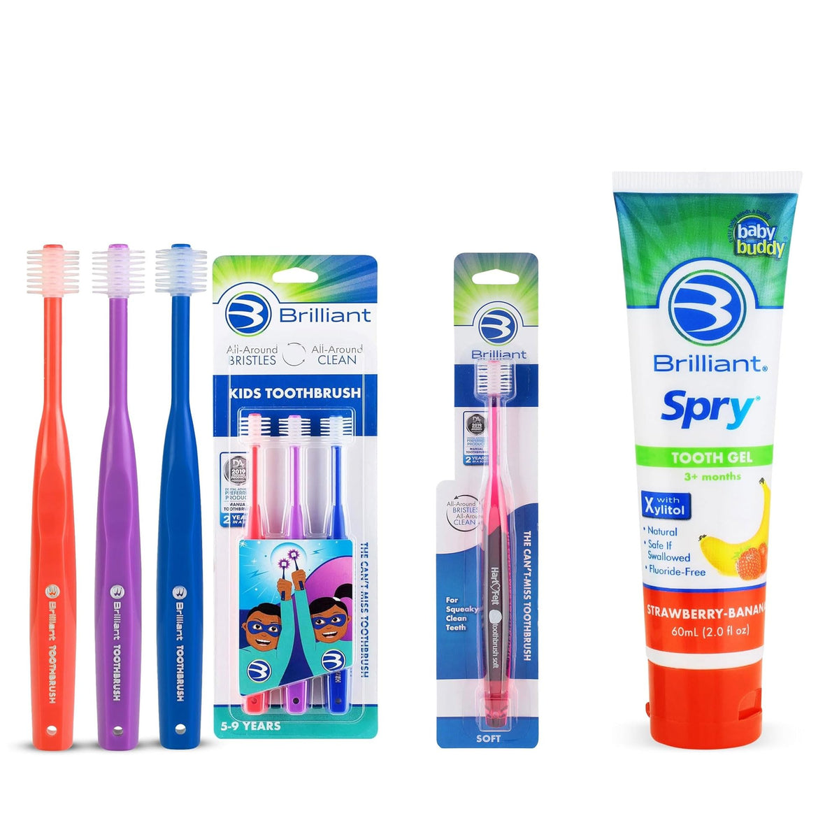 Three Brilliant Kids toothbrushes in red, purple, and royal