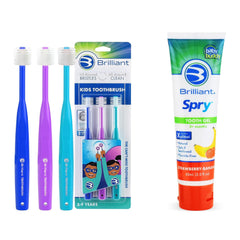 Three kids toothbrushes in royal blue, purple, and teal