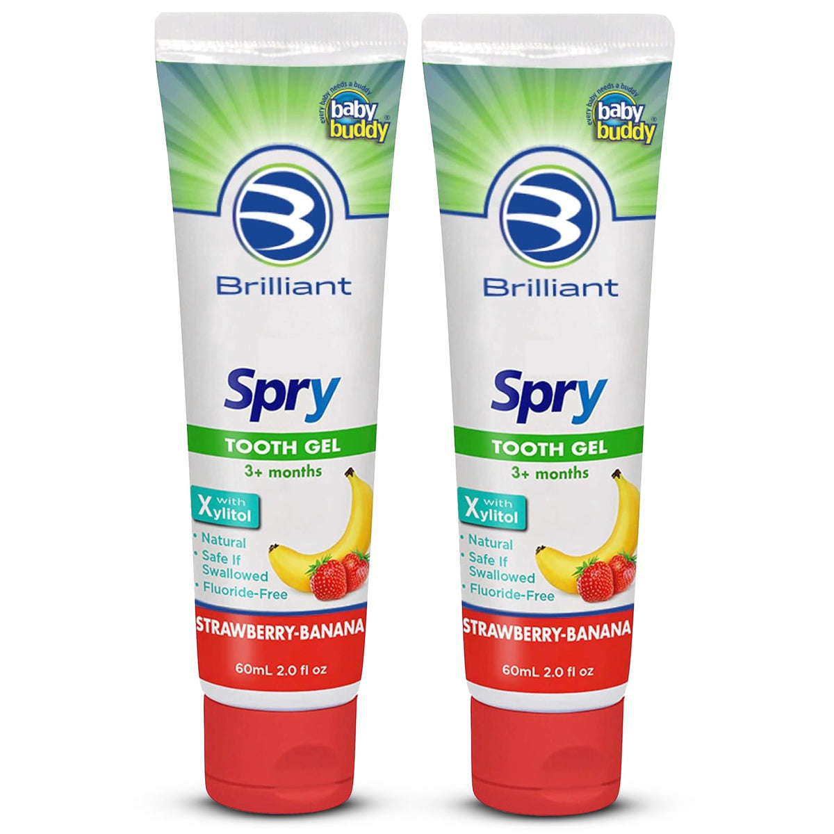 Brilliant Oral Care Kids Fluoride Free Toothpaste Gel with Xylitol – Strawberry Banana flavor, 2 oz, 2-pack