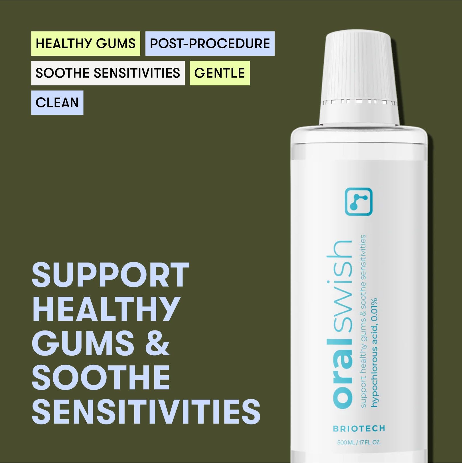 Hypochlorous acid mouthwash ingredients label close-up