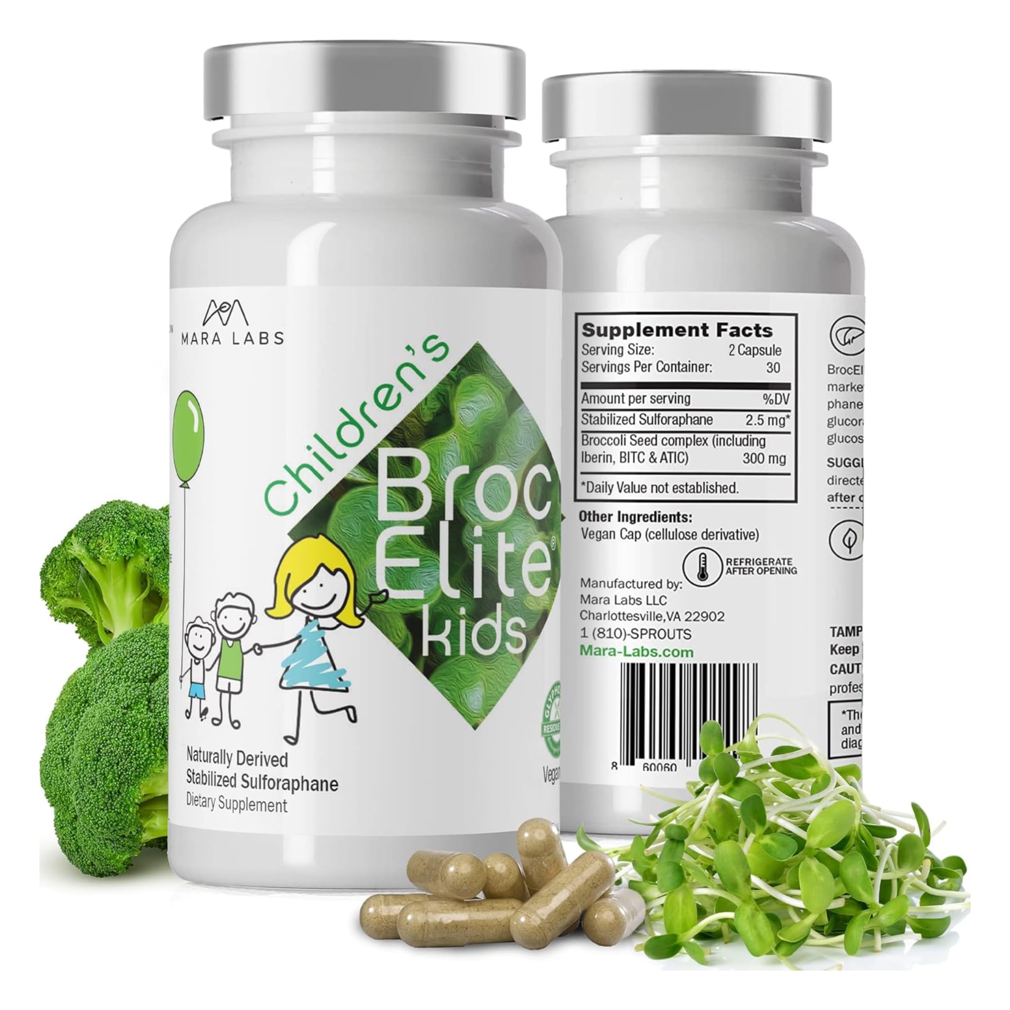 BrocElite Mara Labs Kids bottle and label on a white background
