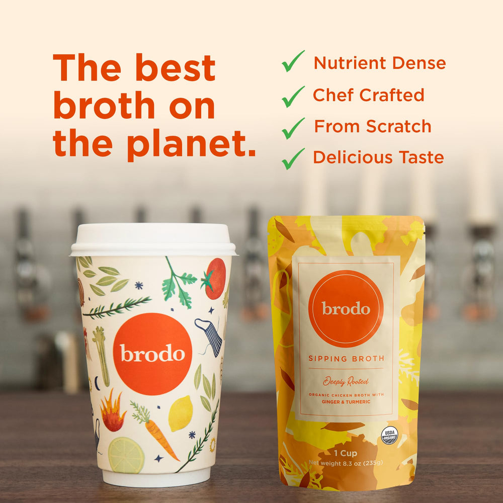 8.3 oz pouch of Brodo bone broth with turmeric and ginger