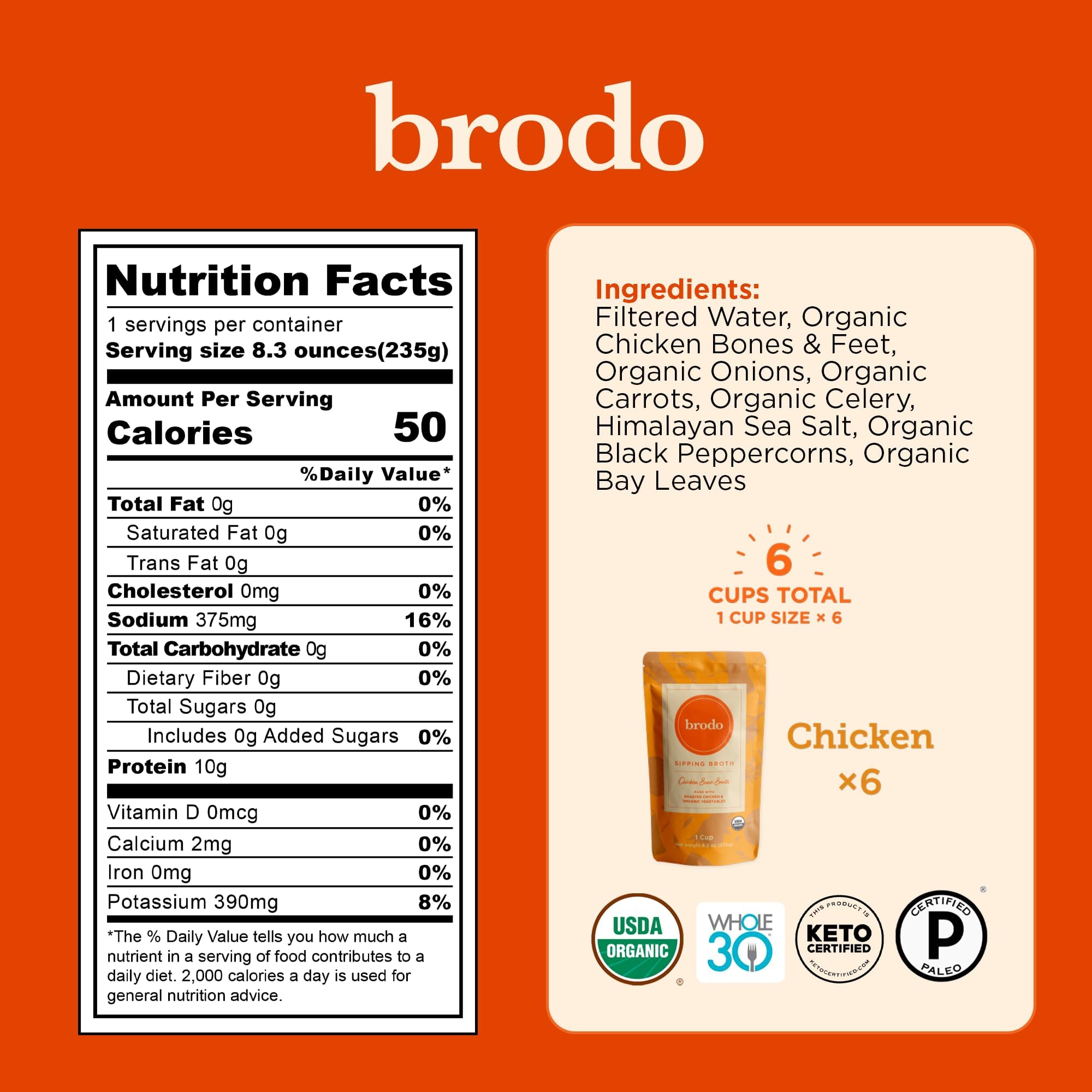 Back packaging details for Brodo Organic Chicken Collagen Bone Broth 8 oz, pack of 6
