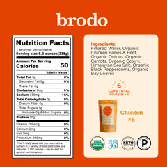 Back packaging details for Brodo Organic Chicken Collagen Bone Broth 8 oz, pack of 6