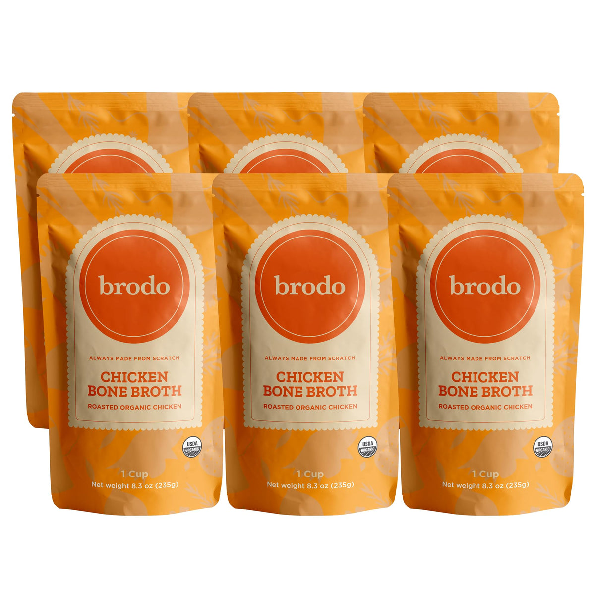 Front view of Brodo Organic Chicken Collagen Bone Broth 8 oz, pack of 6