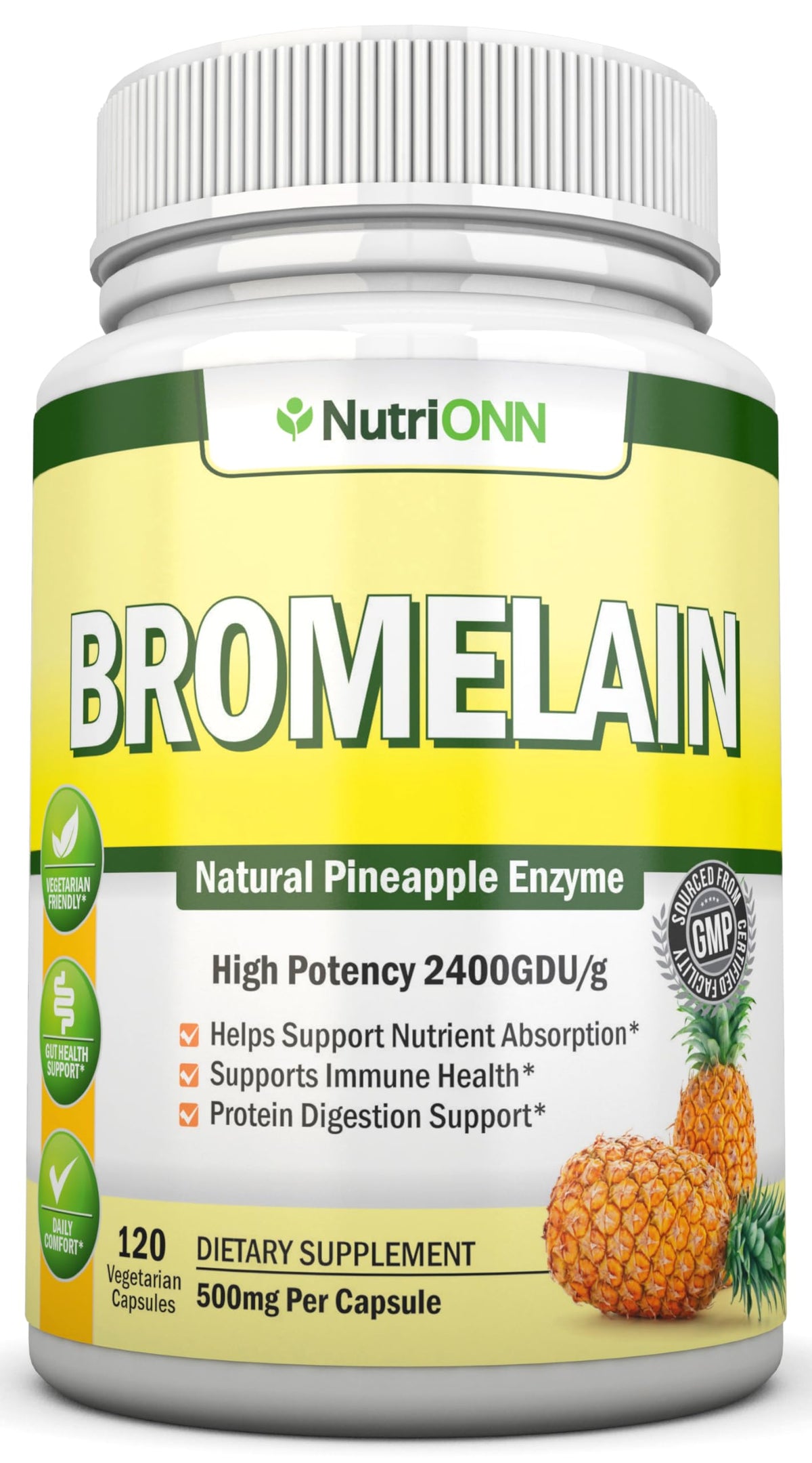 NutriONN Bromelain 500mg bottle with 120 vegan capsules