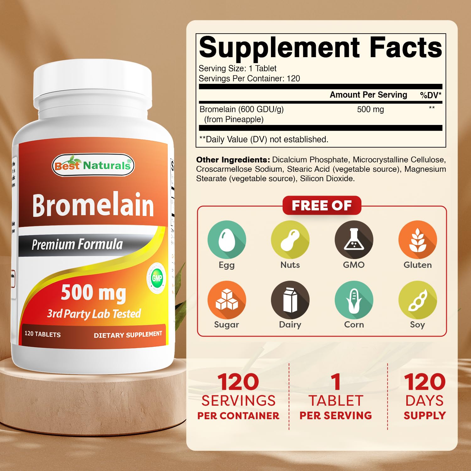 Back label with supplement facts on Best Naturals Bromelain bottle