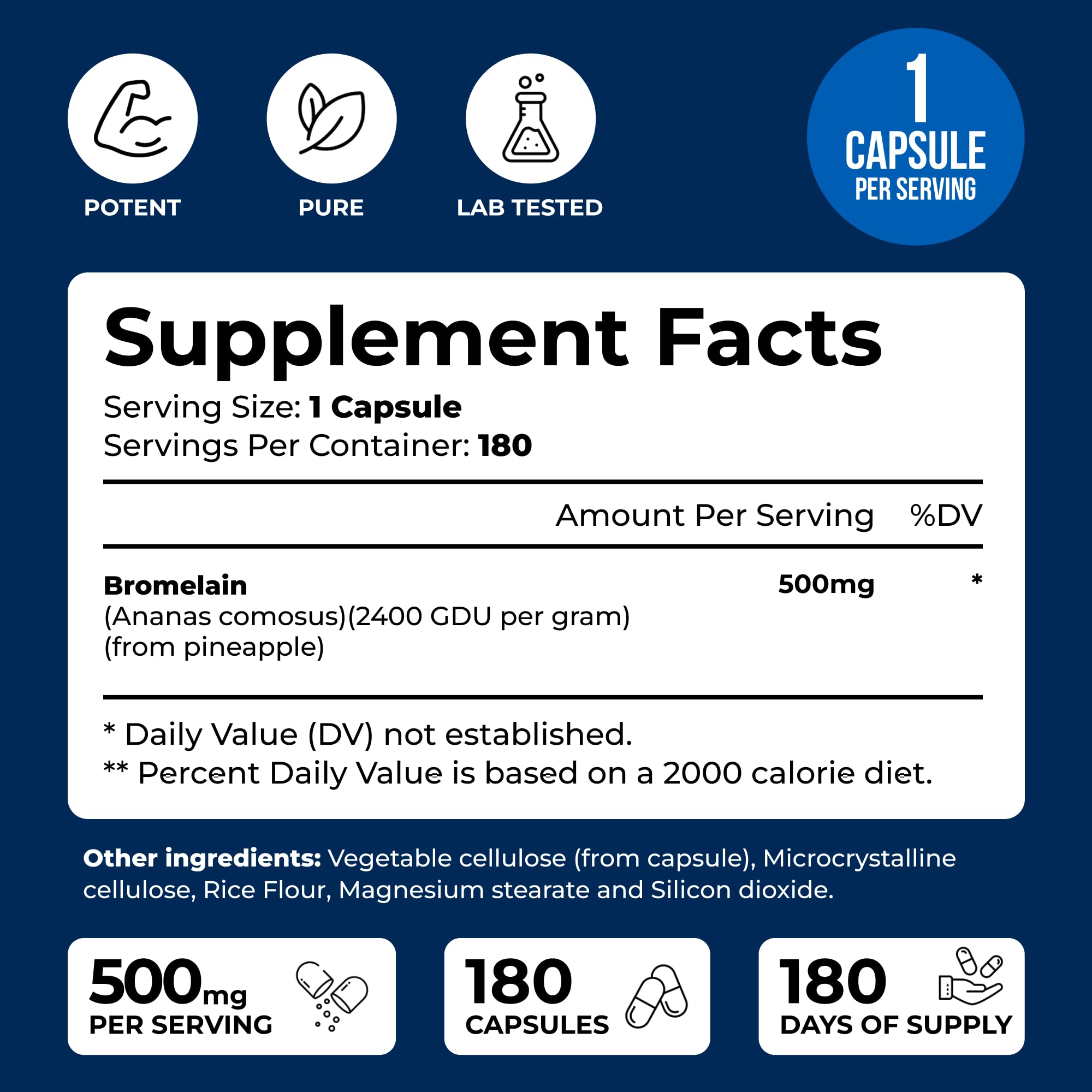 Bromelain 500mg capsules packaging with 180 capsules