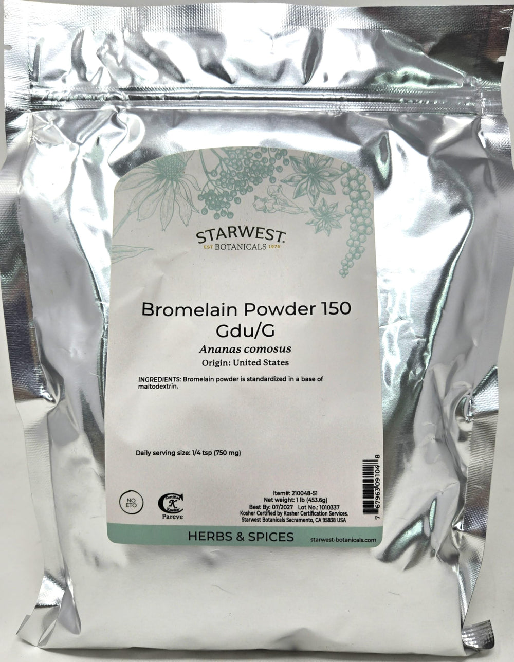 Bromelain Powder 150gdu bottle labeled Ananas comosus - Starwest Botanicals
