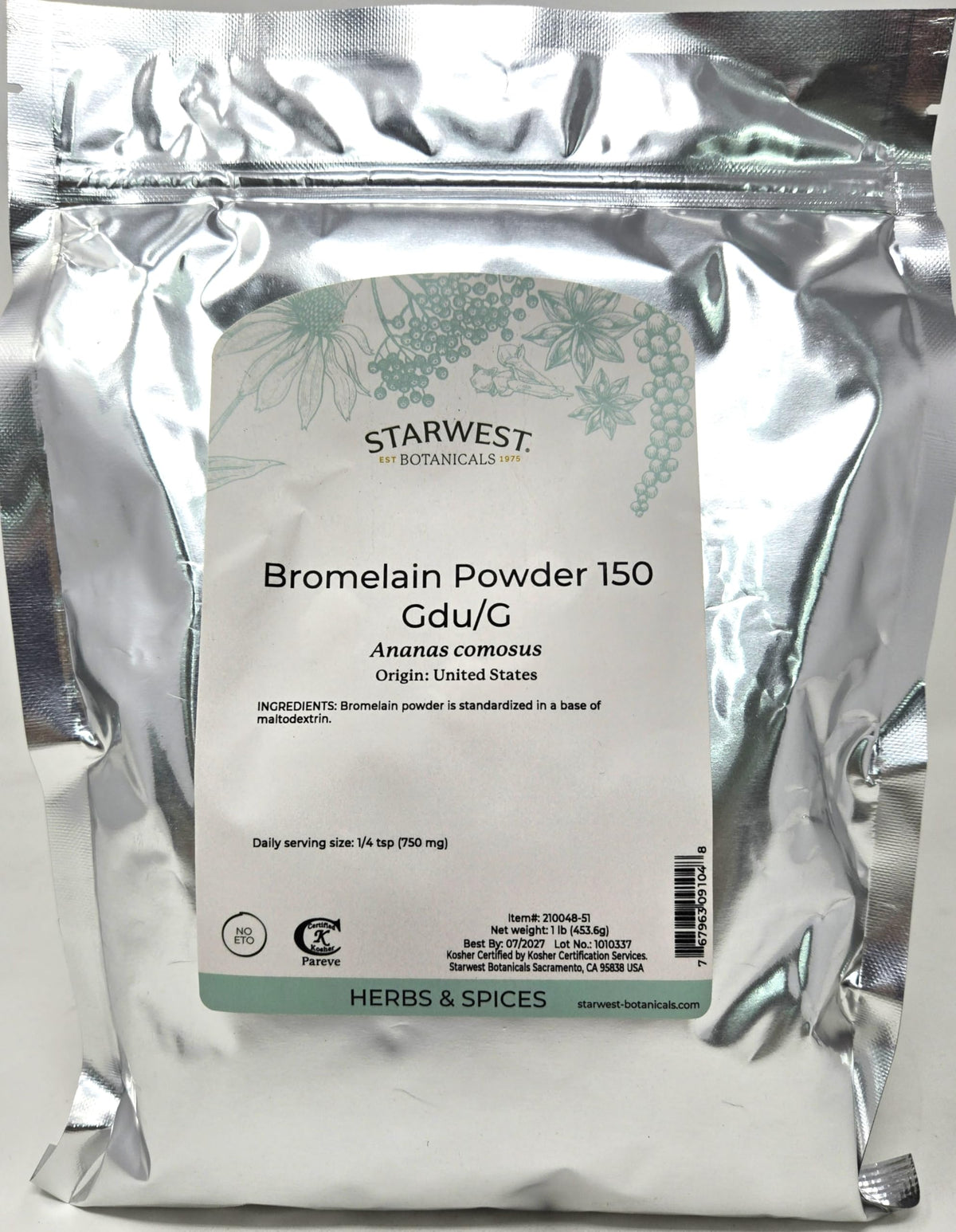 Bromelain Powder 150gdu bottle labeled Ananas comosus - Starwest Botanicals