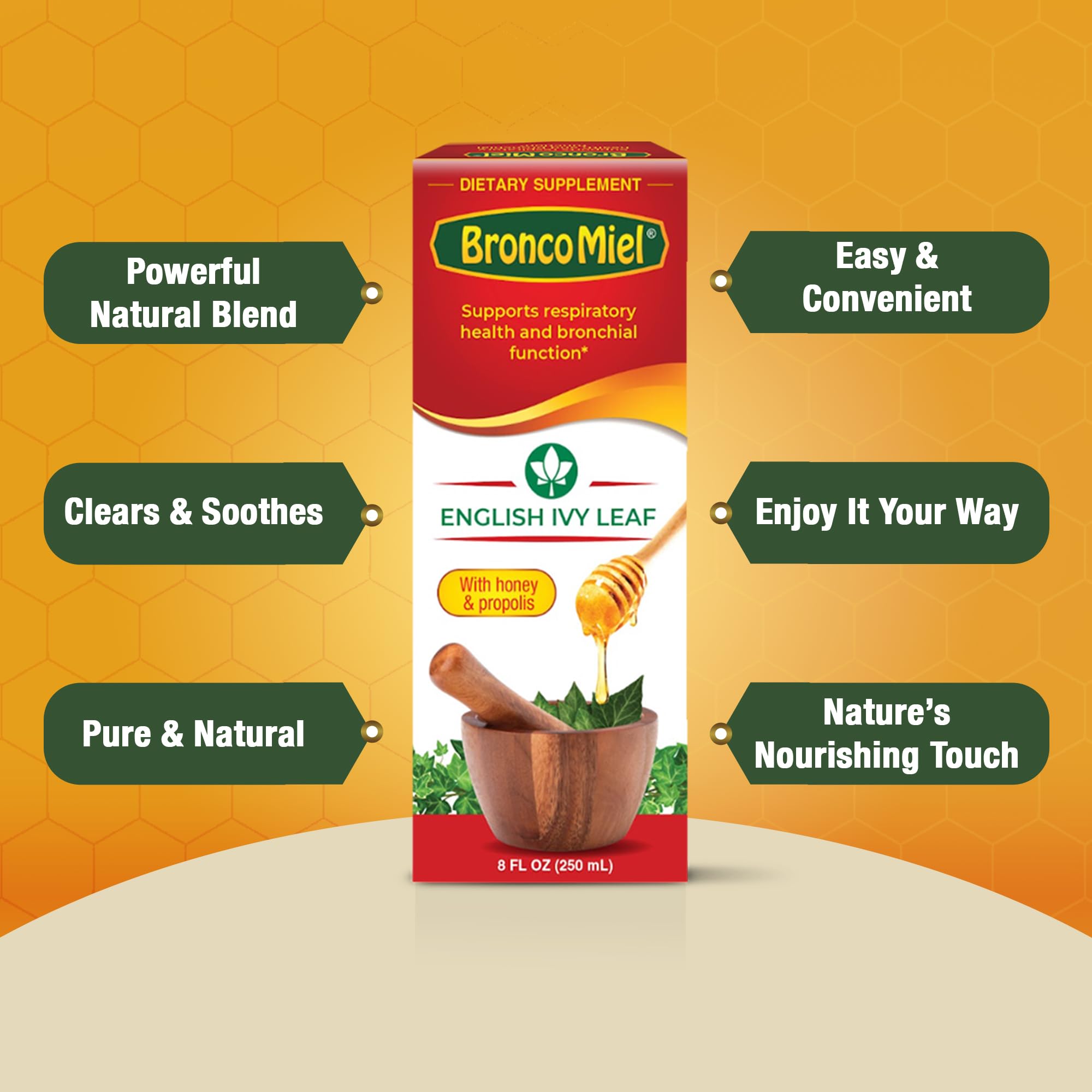 Close up of the ingredients showing English Ivy leaf extract, honey and propolis