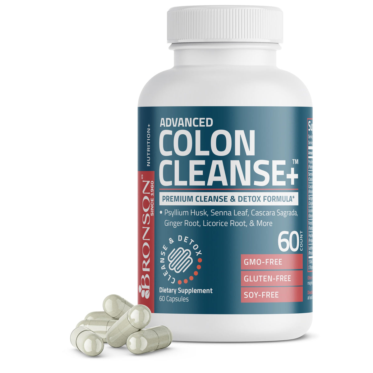 Bronson Advanced Colon Cleanse bottle close-up showing capsules for digestion support.