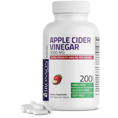 Bronson Apple Cider Vinegar 3000 mg tablets bottle on countertop for daily wellness.