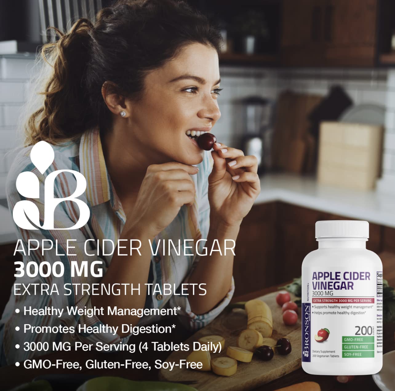 Bronson Apple Cider Vinegar 3000 mg tablets packaging highlights the extra-strength vegetarian formula.