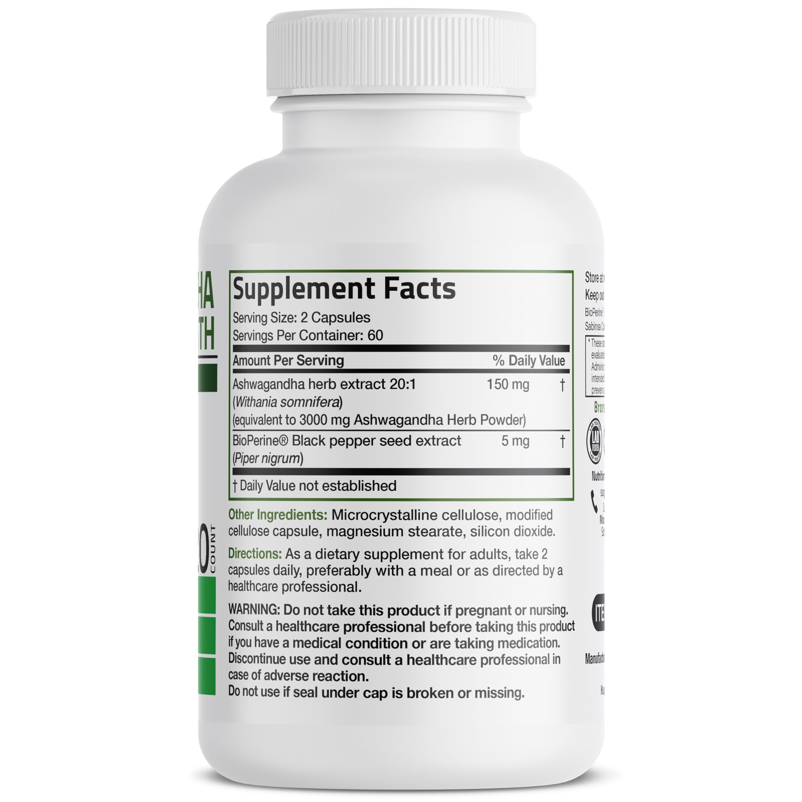 Close-up of Bronson Ashwagandha Extra Strength bottle label