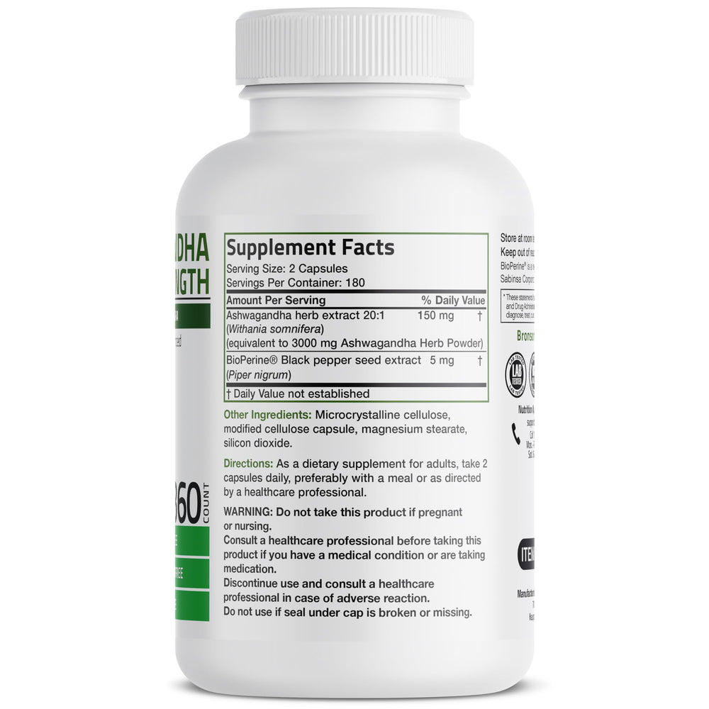 Back view of Bronson Ashwagandha bottle showing supplement facts