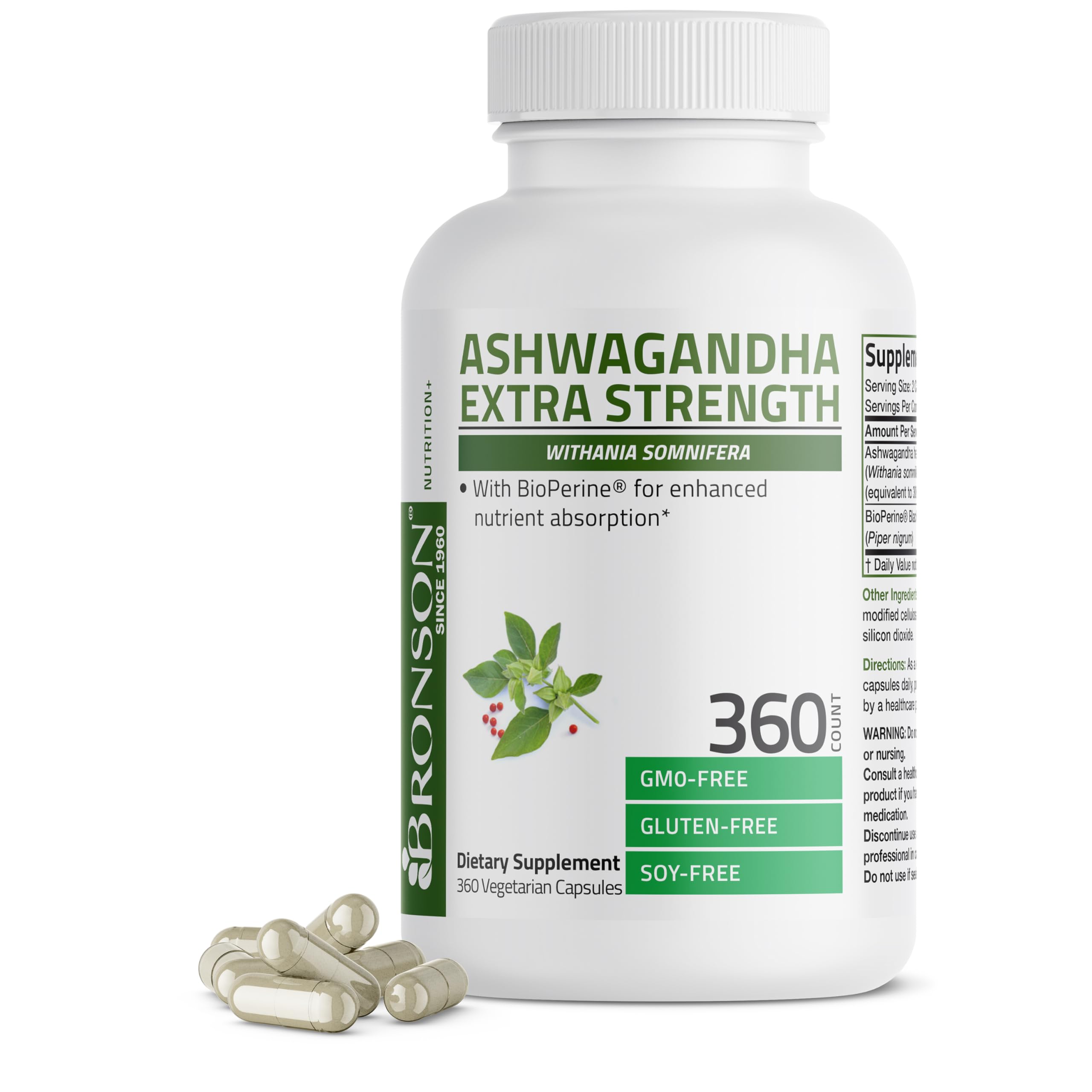 Bronson Ashwagandha Extra Strength bottle with 360 vegetarian capsules - front view